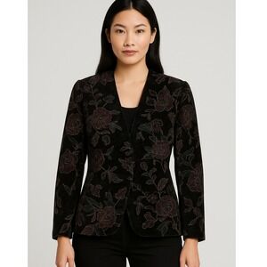 Vtg NORTON MCNAUGHTON Petites 10 Black Floral Velvet Blazer Jacket Embroidered